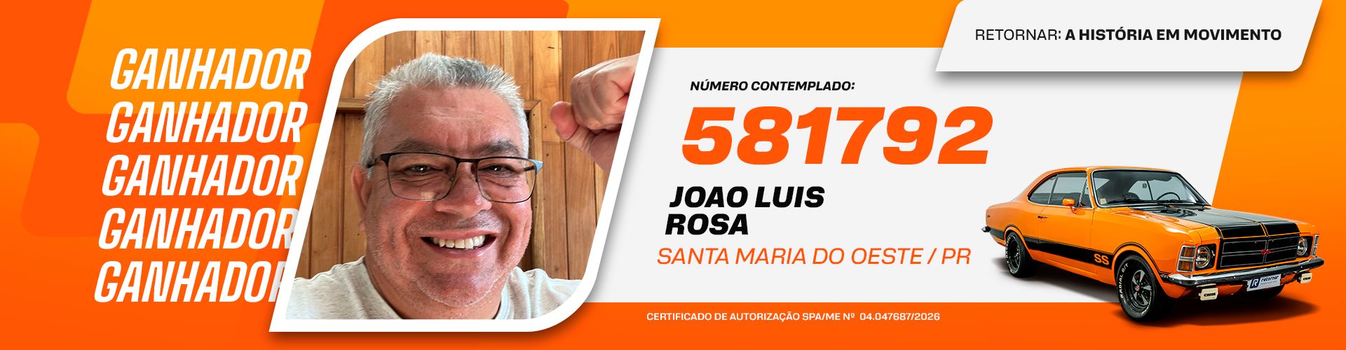 Conheça o ganhador do Chevrolet Opala SS - João Luis Rosa - Retornar