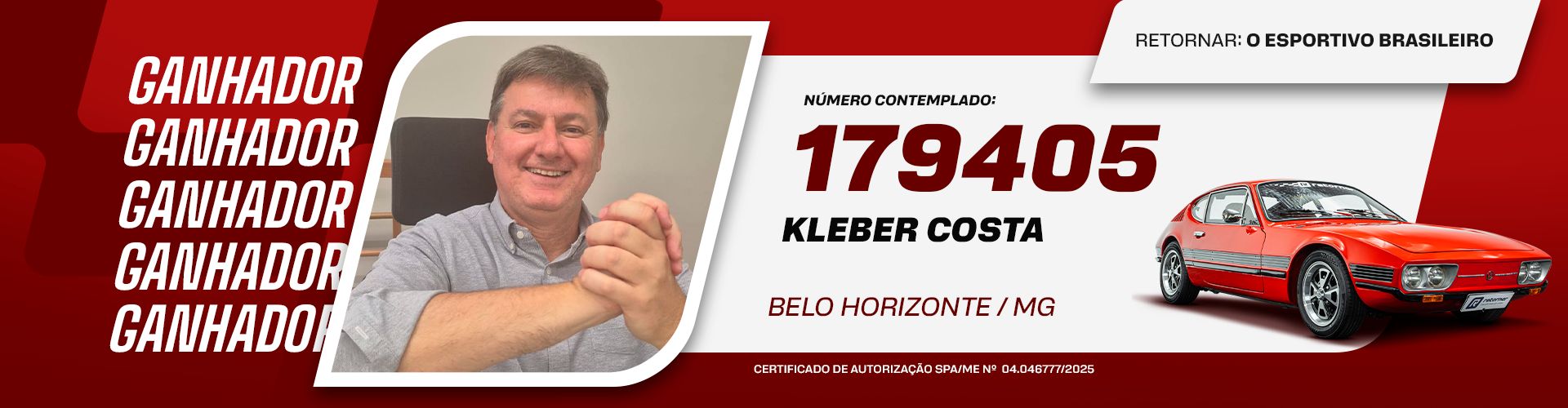 Conheça o ganhador do VW SP2 - Kleber Costa - Retornar